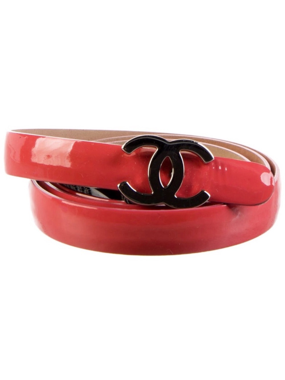 CHANEL Coral Patent Leather Double-Wrap Belt with Black CC Buckle
